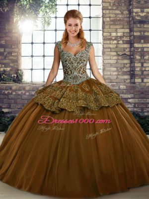 Brown Lace Up 15th Birthday Dress Beading and Appliques Sleeveless Floor Length