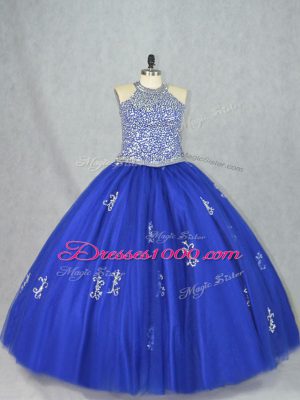 Floor Length Lace Up 15 Quinceanera Dress Blue for Sweet 16 and Quinceanera with Beading