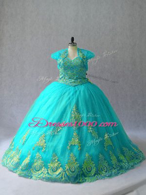 Flare Aqua Blue Ball Gowns Sweetheart Sleeveless Tulle Lace Up Appliques Sweet 16 Dress