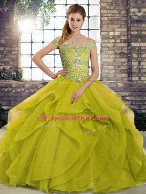 Shining Olive Green Off The Shoulder Neckline Beading and Ruffles Sweet 16 Dresses Sleeveless Lace Up