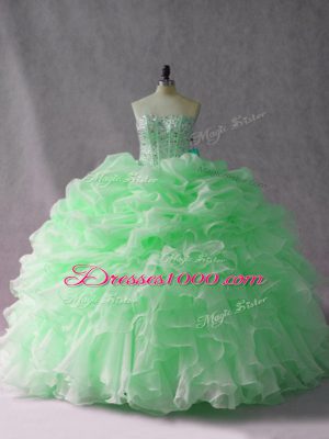 Brush Train Ball Gowns Quinceanera Dress Apple Green Strapless Organza Sleeveless Lace Up