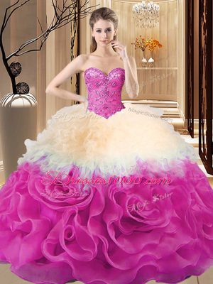 Graceful Fabric With Rolling Flowers Sleeveless Floor Length Quinceanera Gown and Beading and Ruffles