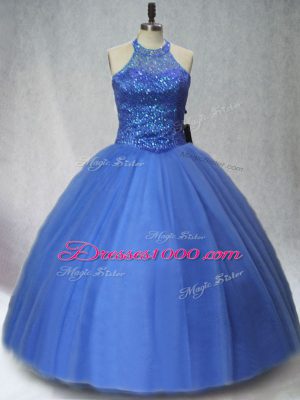 Charming Floor Length Lace Up Ball Gown Prom Dress Blue for Sweet 16 and Quinceanera with Beading