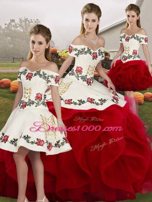 Customized White And Red Ball Gowns Tulle Off The Shoulder Sleeveless Embroidery and Ruffles Floor Length Lace Up Sweet 16 Dresses
