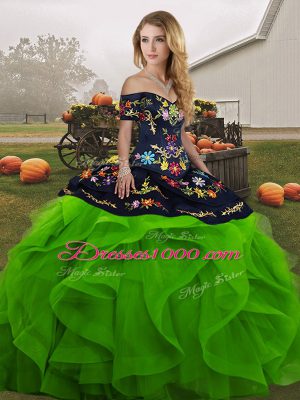 Exceptional Tulle Off The Shoulder Sleeveless Lace Up Embroidery and Ruffles Quinceanera Gowns in Green