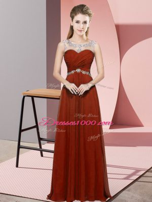 Modest Sleeveless Chiffon Floor Length Backless Prom Dresses in Rust Red with Beading