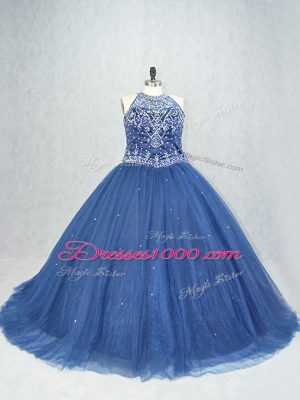Navy Blue Lace Up Scoop Beading Sweet 16 Quinceanera Dress Tulle Sleeveless Brush Train