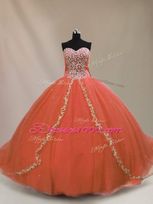 Spectacular Orange Sweetheart Lace Up Beading Quince Ball Gowns Brush Train Sleeveless