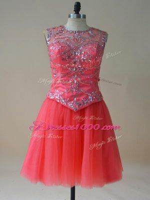 New Style Coral Red A-line Tulle Scoop Sleeveless Beading Mini Length Lace Up Casual Dresses