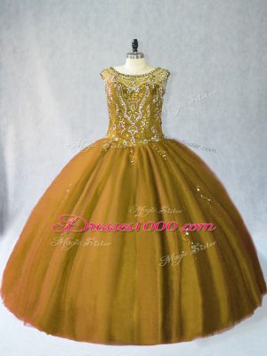 Great Brown Scoop Lace Up Beading Quinceanera Dress Sleeveless