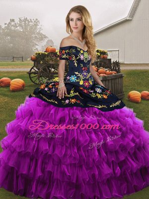 Discount Black And Purple Ball Gowns Organza Off The Shoulder Sleeveless Embroidery and Ruffled Layers Floor Length Lace Up Quinceanera Gowns