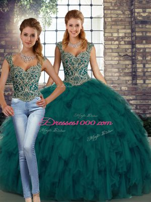 Comfortable Peacock Green Two Pieces Beading and Ruffles Sweet 16 Dresses Lace Up Organza Sleeveless Floor Length
