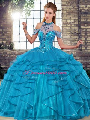 Blue Ball Gowns Halter Top Sleeveless Tulle Floor Length Lace Up Beading and Ruffles Sweet 16 Dresses