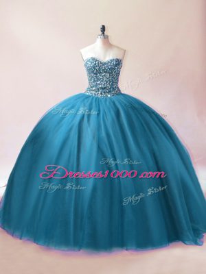 Noble Teal Sleeveless Tulle Lace Up 15 Quinceanera Dress for Sweet 16 and Quinceanera