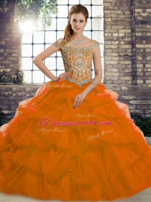 Trendy Tulle Off The Shoulder Sleeveless Brush Train Lace Up Beading and Pick Ups Quinceanera Gowns in Rust Red