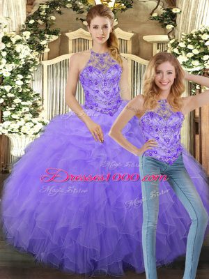 Lavender Halter Top Lace Up Beading and Ruffles Sweet 16 Quinceanera Dress Sleeveless