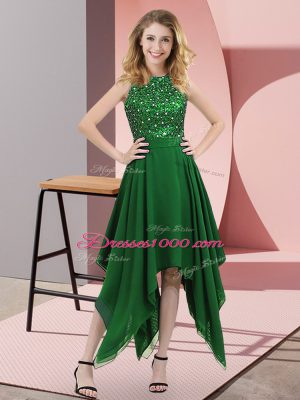 Dark Green Empire High-neck Sleeveless Chiffon Asymmetrical Zipper Beading and Sequins Prom Gown