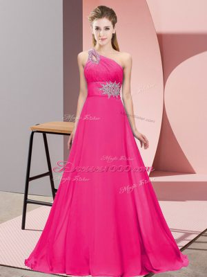 Empire Hot Pink One Shoulder Chiffon Sleeveless Floor Length Lace Up