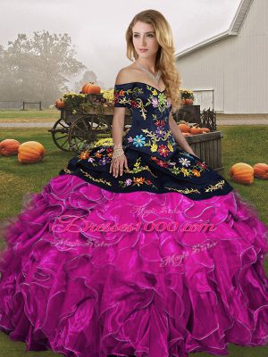 New Arrival Fuchsia Ball Gowns Organza Off The Shoulder Sleeveless Embroidery and Ruffles Floor Length Lace Up Sweet 16 Dresses