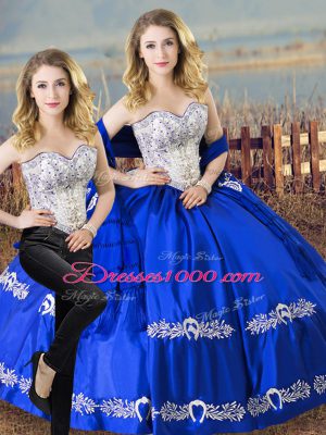 Satin and Organza Sweetheart Sleeveless Lace Up Beading and Embroidery Sweet 16 Quinceanera Dress in Royal Blue