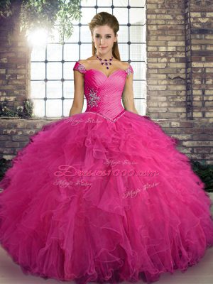 Best Floor Length Lace Up Quinceanera Dresses Hot Pink for Military Ball and Sweet 16 and Quinceanera with Beading and Ruffles