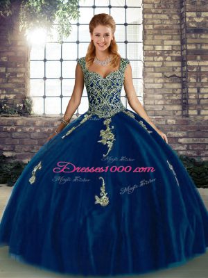 Royal Blue Tulle Lace Up Sweet 16 Dresses Sleeveless Floor Length Beading and Appliques