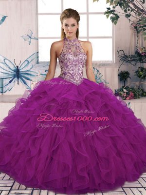 Purple Halter Top Lace Up Beading and Ruffles Quinceanera Dresses Sleeveless