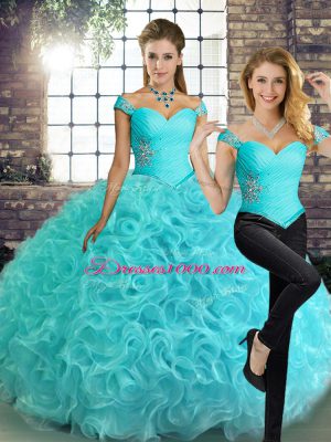 Floor Length Lace Up Sweet 16 Quinceanera Dress Aqua Blue for Military Ball and Sweet 16 and Quinceanera with Beading