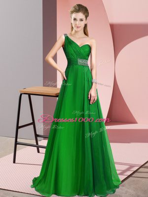 Green Prom Evening Gown Chiffon Brush Train Sleeveless Beading