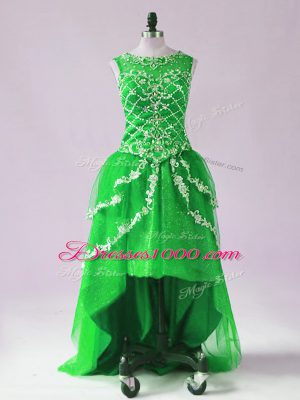 Designer Green Tulle Zipper Dress for Prom Sleeveless High Low Beading and Appliques