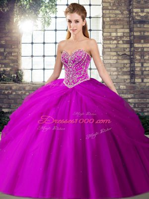 Great Lace Up Sweet 16 Dresses Fuchsia for Military Ball and Sweet 16 and Quinceanera with Beading and Pick Ups Brush Train