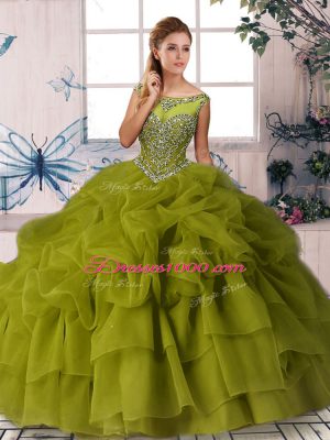 Olive Green Quince Ball Gowns Organza Brush Train Sleeveless Beading and Pick Ups