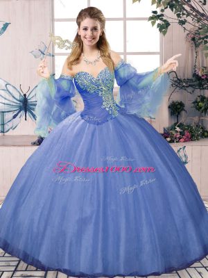 Elegant Blue Sleeveless Tulle Lace Up 15 Quinceanera Dress for Sweet 16 and Quinceanera