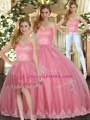 Hot Selling Watermelon Red Sweetheart Lace Up Appliques Quinceanera Gowns Sleeveless