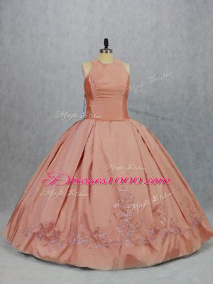 Adorable Peach Ball Gowns Embroidery Quinceanera Dress Zipper Taffeta Sleeveless Floor Length