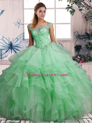 Apple Green Ball Gowns Off The Shoulder Sleeveless Organza Floor Length Lace Up Beading and Ruffles 15th Birthday Dress