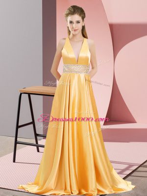 Exquisite Gold V-neck Neckline Beading Prom Party Dress Sleeveless Backless