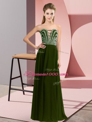 Best Floor Length Lace Up Evening Dress Olive Green for Prom and Party with Beading