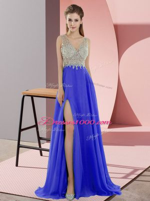 Sleeveless Beading Zipper with Blue Sweep Train