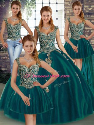 Dazzling Peacock Green Ball Gowns Beading and Appliques Vestidos de Quinceanera Lace Up Tulle Sleeveless Floor Length