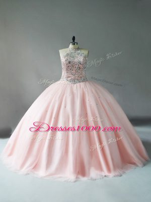 Flare Halter Top Sleeveless Quinceanera Dresses Pink Tulle
