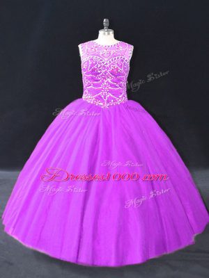 Beautiful Beading 15th Birthday Dress Purple Lace Up Sleeveless Floor Length