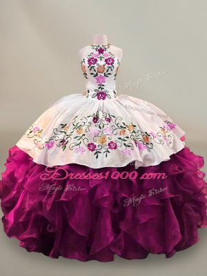 Sleeveless Organza Floor Length Lace Up Sweet 16 Dresses in Fuchsia with Beading and Embroidery