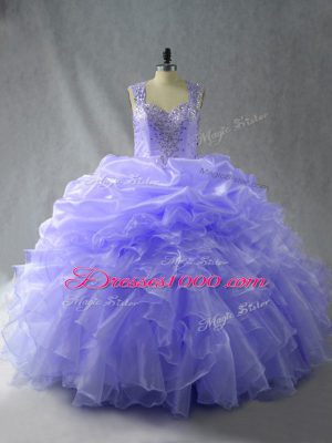 Fabulous Lavender Ball Gowns Organza Straps Sleeveless Beading and Ruffles Floor Length Zipper Sweet 16 Dresses