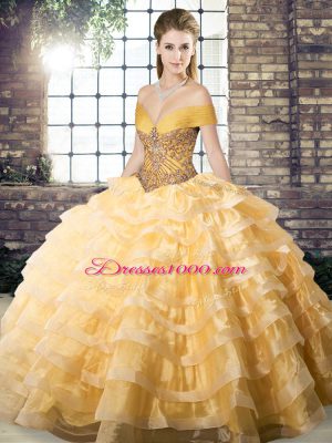 Organza Sleeveless Sweet 16 Quinceanera Dress Brush Train and Beading and Ruffled Layers