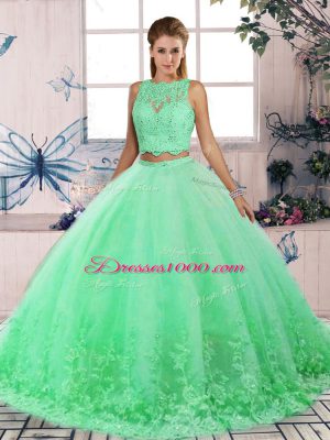 Exceptional Turquoise Quinceanera Gown Scalloped Sleeveless Sweep Train Backless