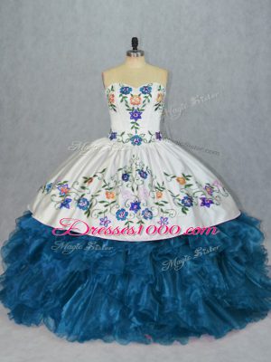 Deluxe Organza Sweetheart Sleeveless Lace Up Embroidery and Ruffles Quinceanera Dress in Blue