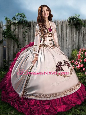Ideal Sweetheart Sleeveless Satin Quinceanera Dresses Embroidery and Ruffles Lace Up