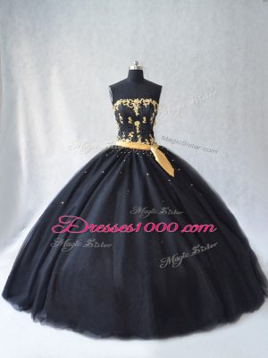 High Class Strapless Sleeveless Lace Up Sweet 16 Dress Black Tulle