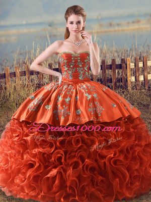 Orange Red Lace Up Quinceanera Dress Embroidery and Ruffles Sleeveless Floor Length Brush Train
